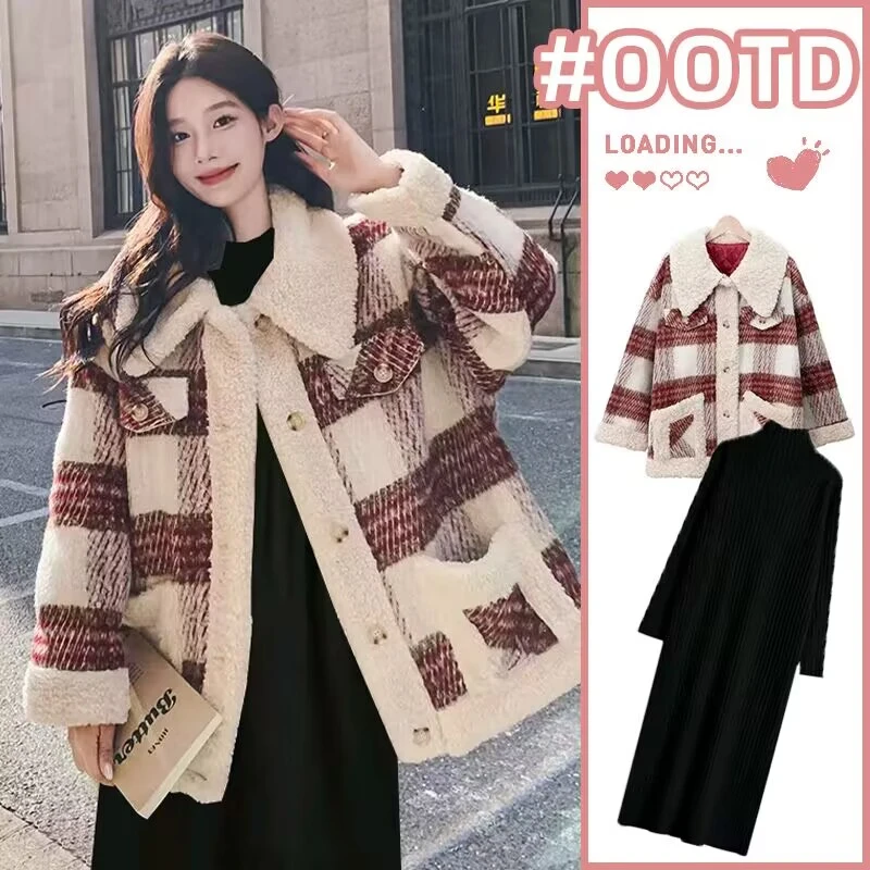 时髦孕妇装新款冬季加厚英伦风减龄棉服外套毛衣裙大码孕妇两件套