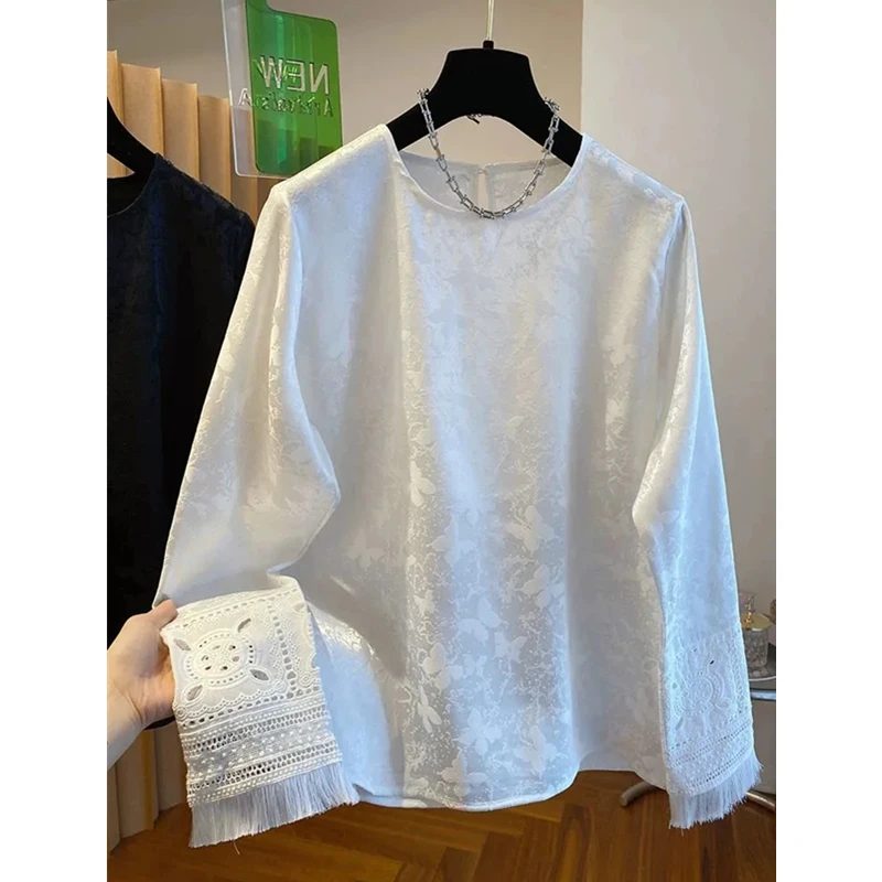 新中式国风高级感t恤女长袖2025新款宽松提花洋气小衫打底衫上衣