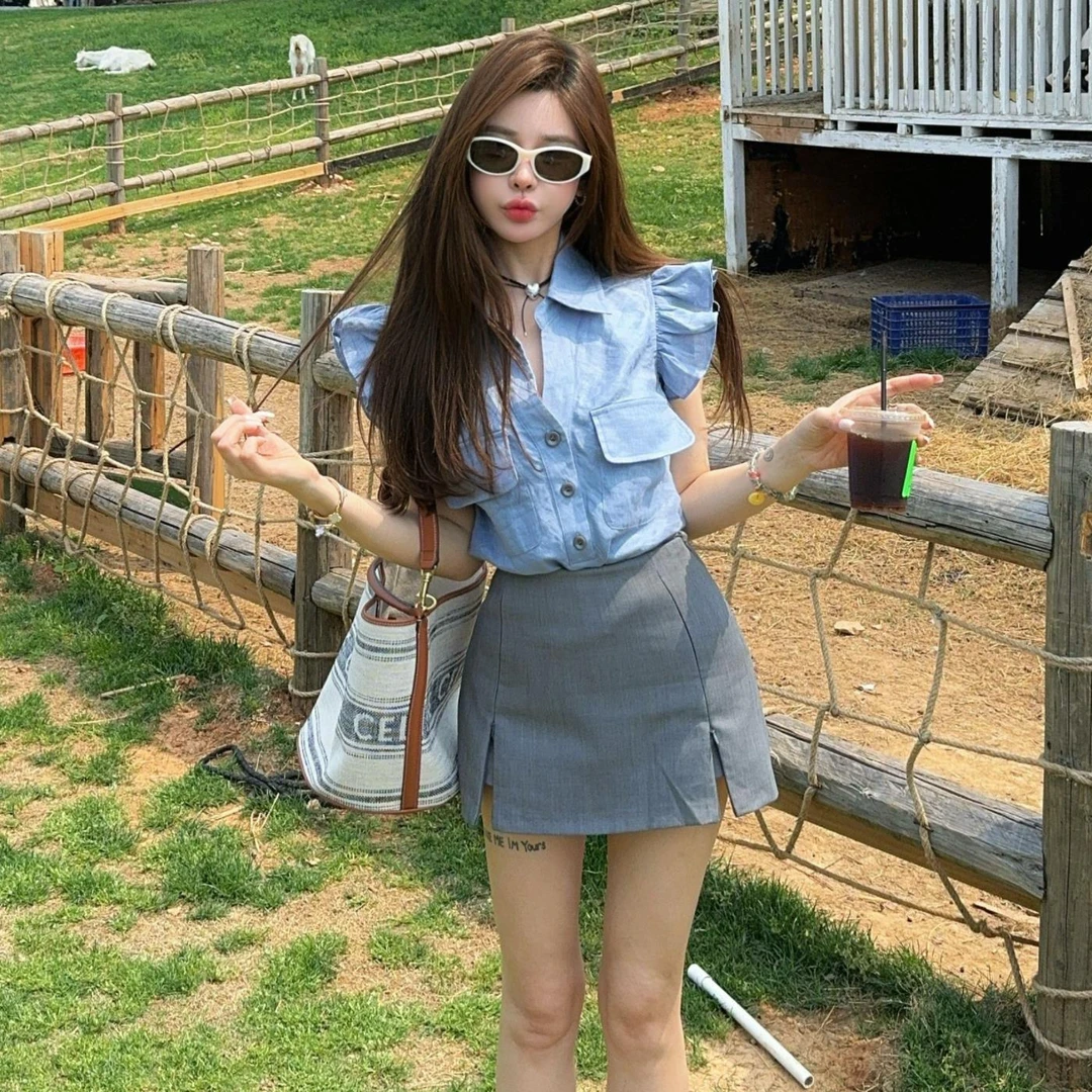 娜家【甜心轰炸机】2025新款韩系时尚减龄无袖背心上衣半身裙两件套