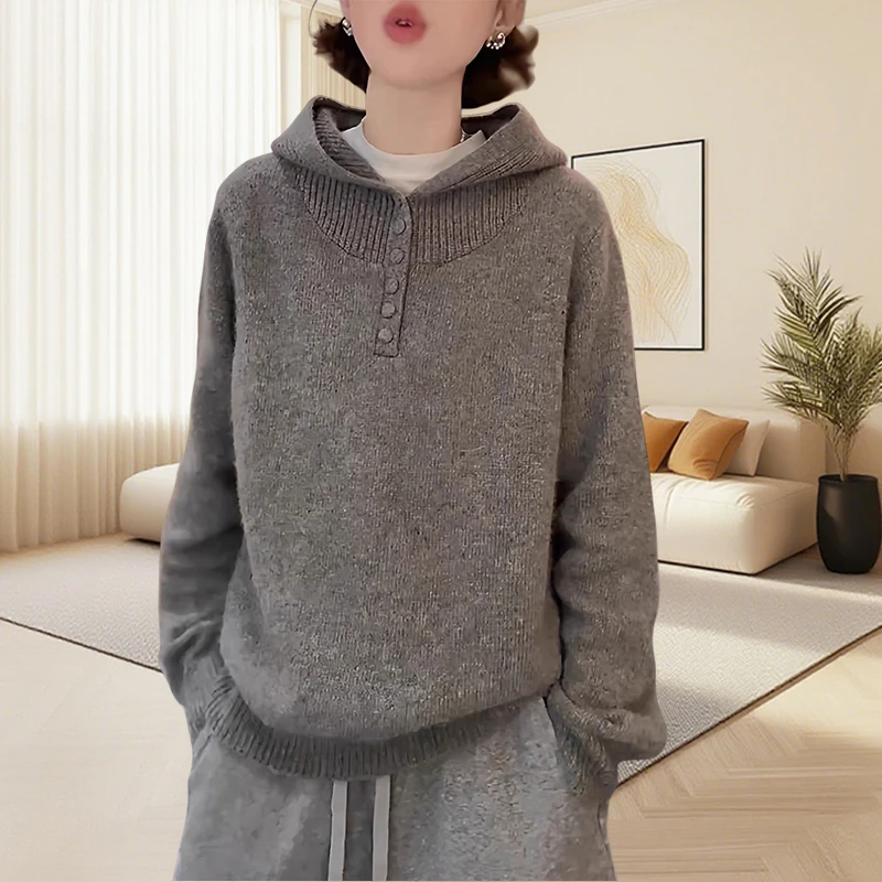 灰色半开领秋冬连帽针织毛衣2025秋冬新款宽松胖mm厚款针织衫上衣