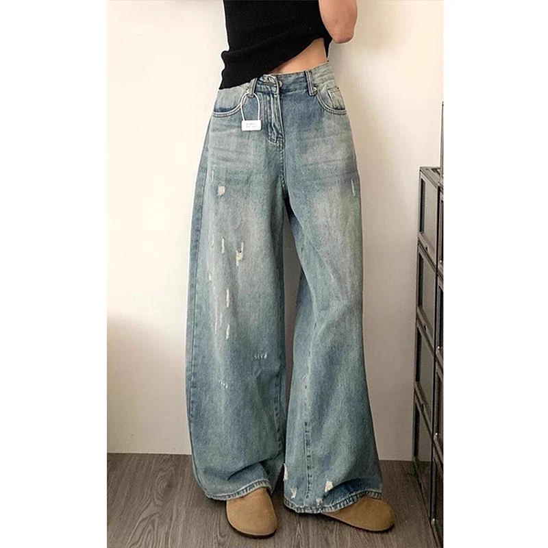 高腰复古水洗磨破直筒牛仔裤女2025新款大码胖mm显瘦宽松阔腿裤子