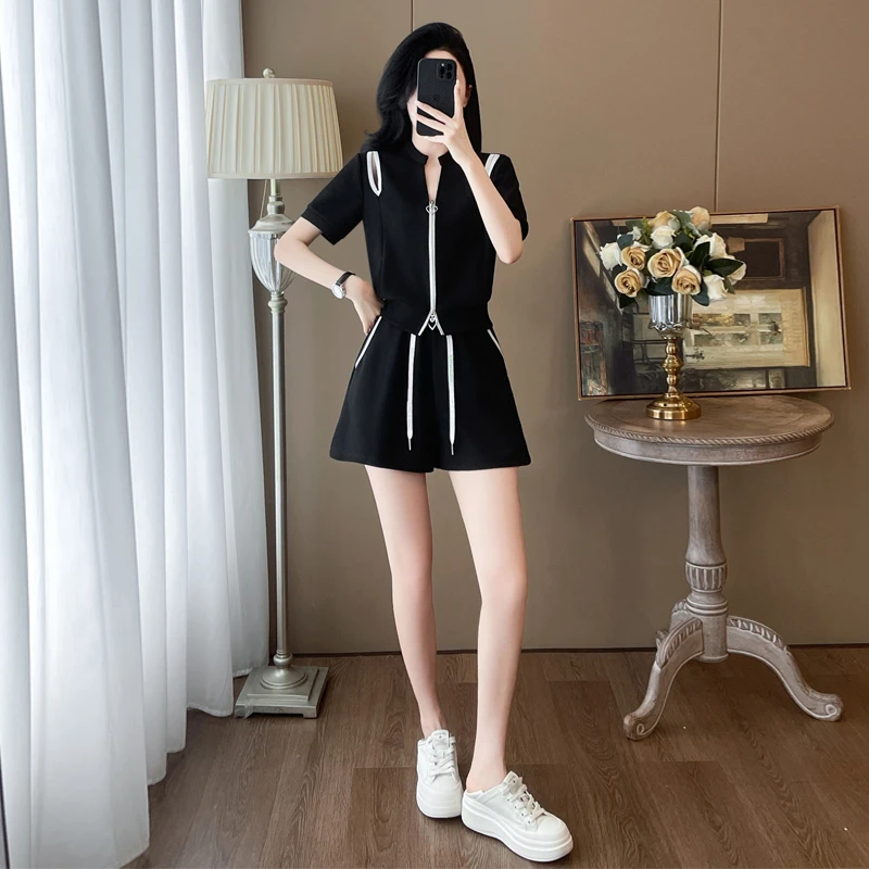 夏季新款设计感双拉链露肩短袖上衣高腰阔腿短裤高级感显瘦两件套