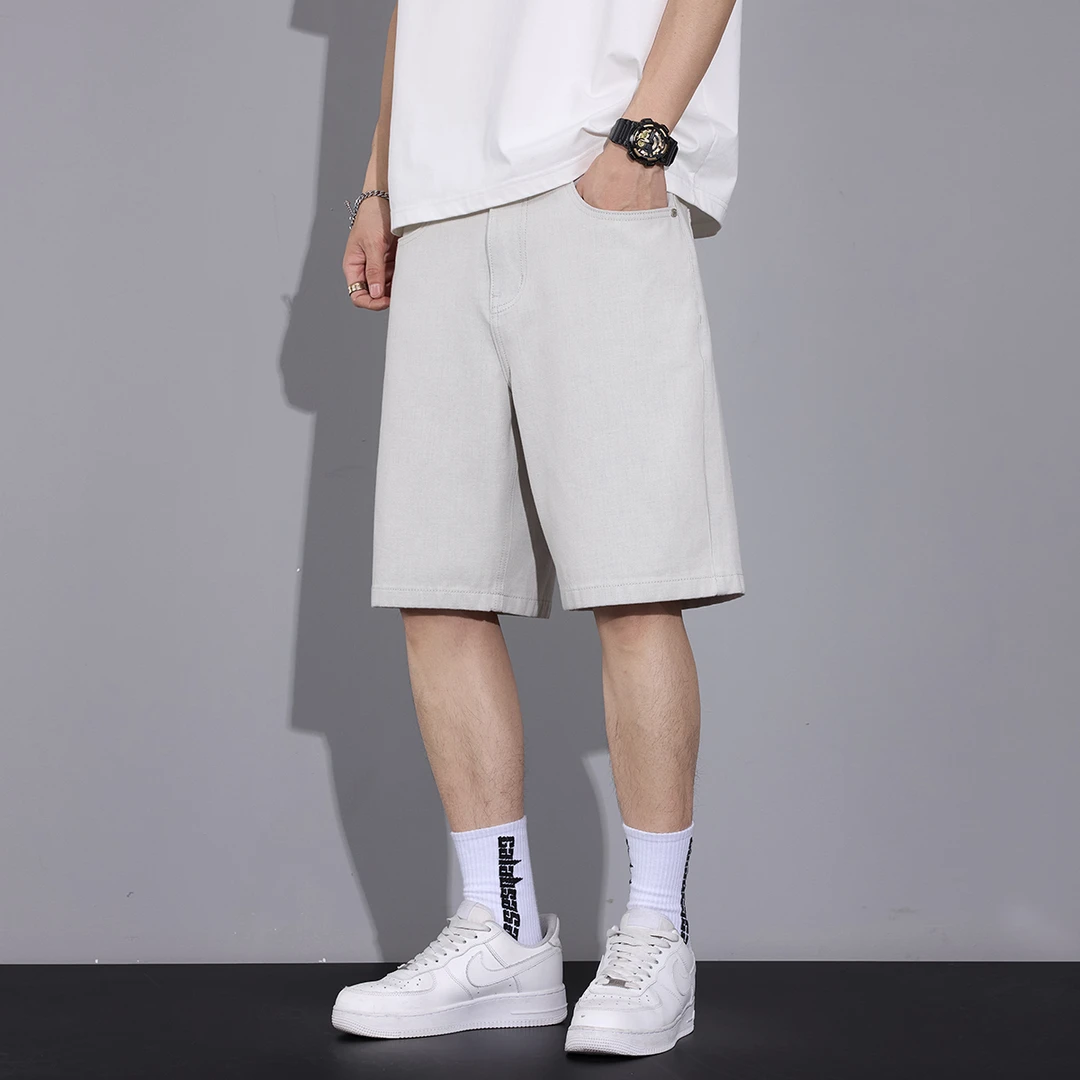 Kuvine2025夏季新款牛仔短裤男直筒米白色弹力中裤休闲百搭五分裤
