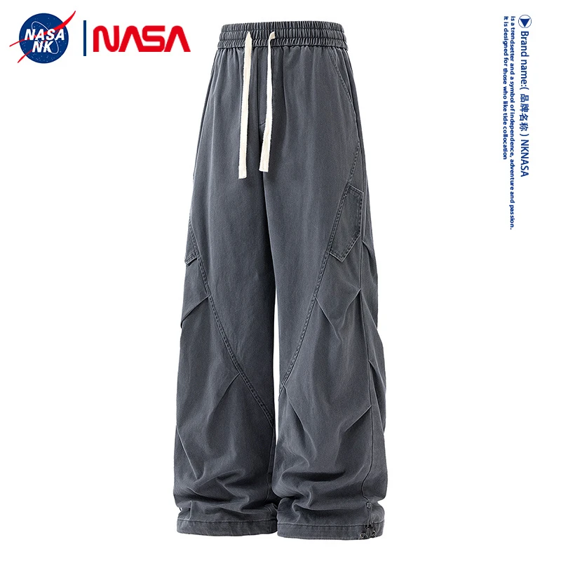 NASA联名美式褶皱垂感伞兵男秋冬季潮牌直筒阔腿裤百搭休闲弯刀裤