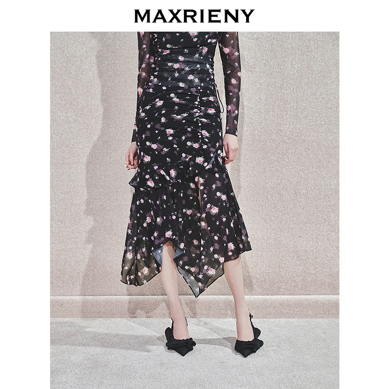 MAXRIENY欧若精灵风抽褶荷叶边半裙2025春季新款修身高腰鱼尾裙