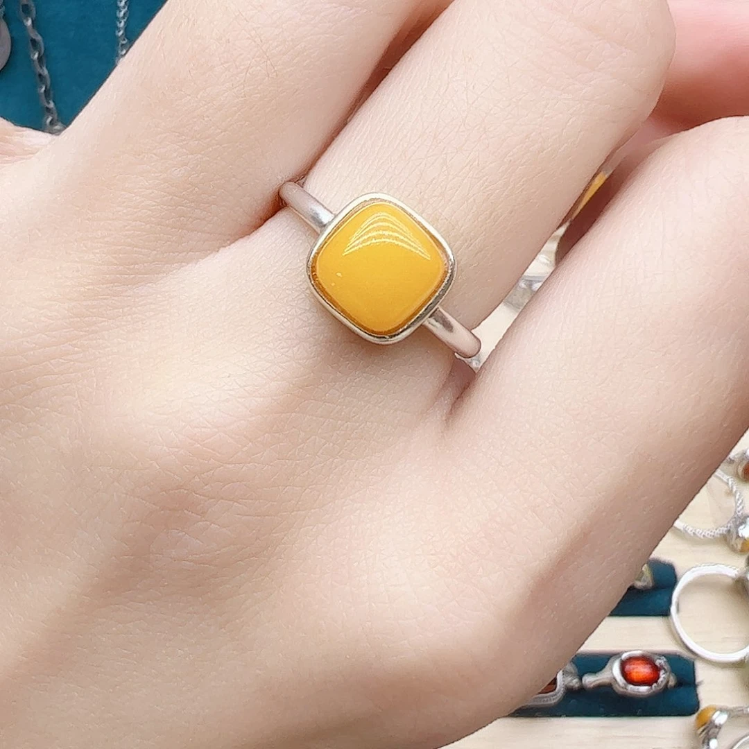 蜜蜡戒指银S925镶嵌天然