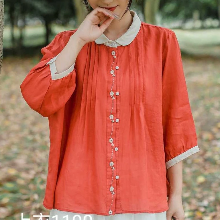 新中式宽松苎麻小衫刺绣圆领夏季短袖上衣1190肩40胸120长60