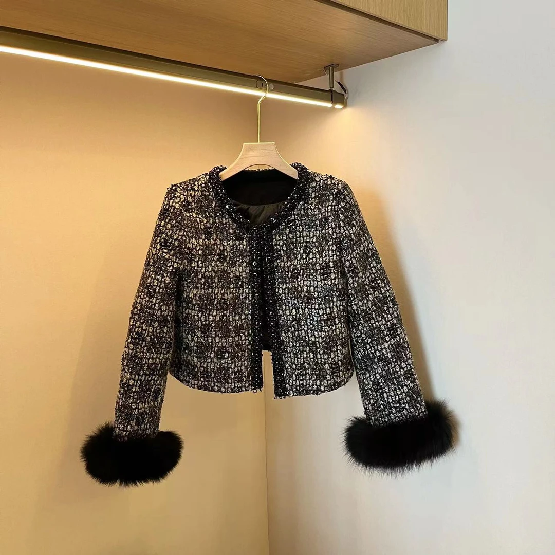 【慧子推荐】7600冬季精致亮片小香风外套单排扣洋气时尚短款气质