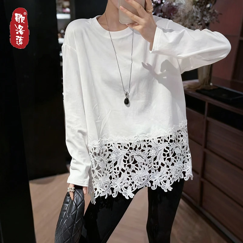 欧洲站镂蕾丝侧开叉空中长款长袖T恤2025秋冬胖mm松弛感打底衫潮