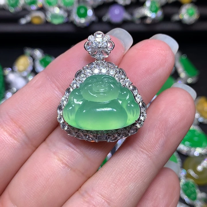 翡翠18K金镶嵌颈饰冰晴绿佛公