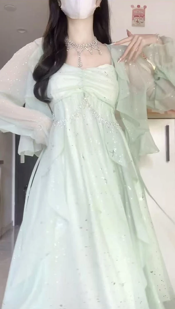 2025春季新款法式时尚灰蓝色晕染仙气蝴蝶烫金荷叶边长袖气质连衣