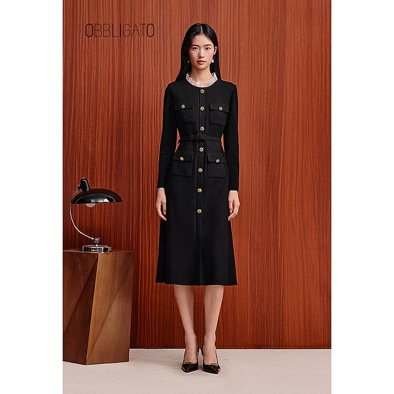 OBBLIGATO奥丽嘉朵1C65505170专选2025冬季新款醋酸小香风连衣裙