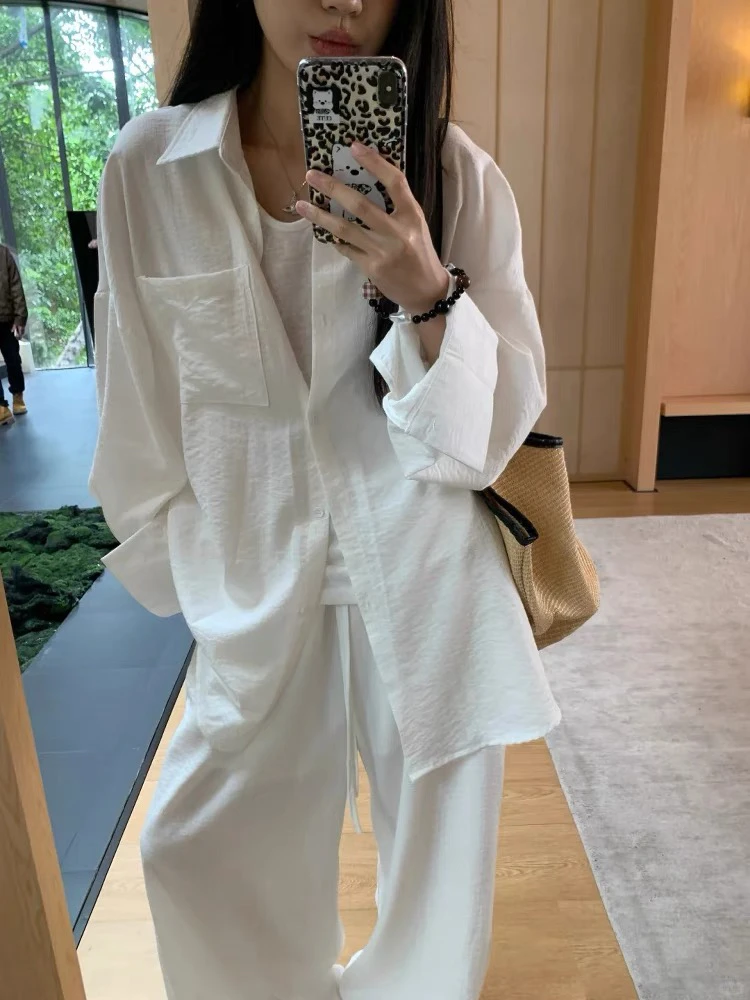 小众春夏松弛老钱风慵懒套装宽松衬衫高腰系带亚麻休闲阔腿裤