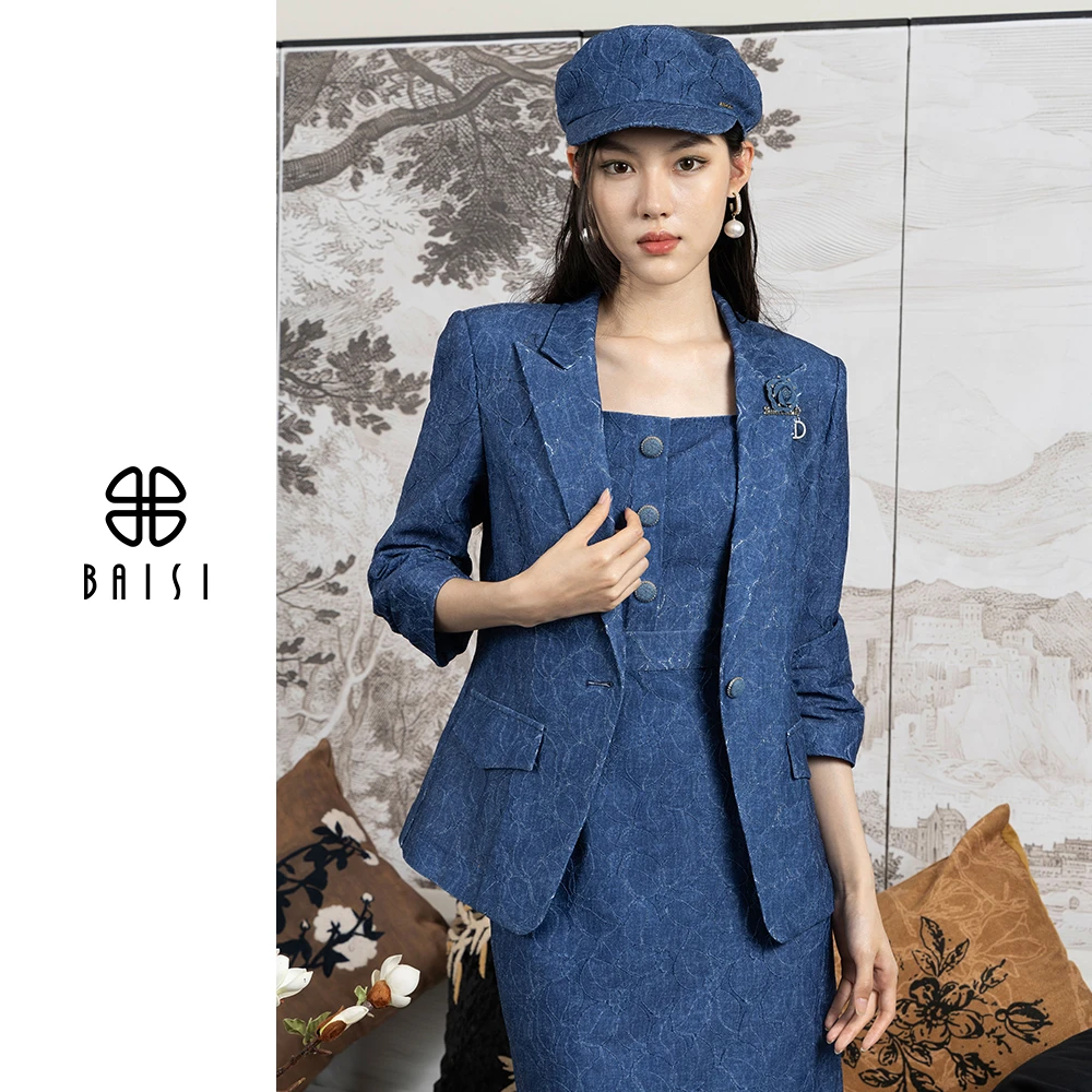 BAISI/百丝女神范复古牛仔时尚收腰设计感修身西装仙气中长袖外套