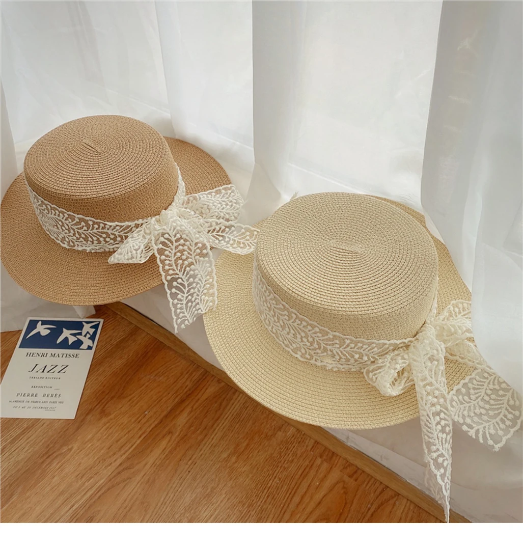 日系小清新田园风时尚百搭平顶蕾丝遮阳帽女编出游太阳帽子防晒