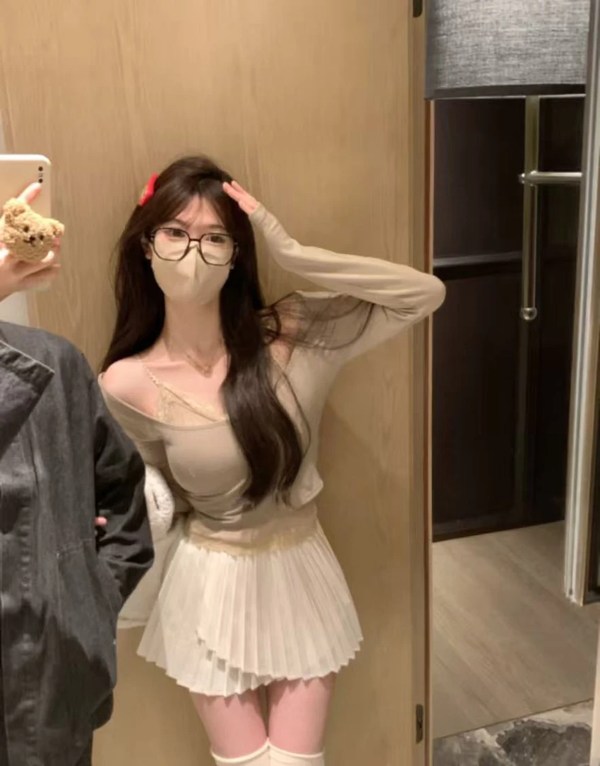 6366夏季新款纯欲辣妹蕾丝拼接吊带背心薄款长袖罩衫上衣两件套