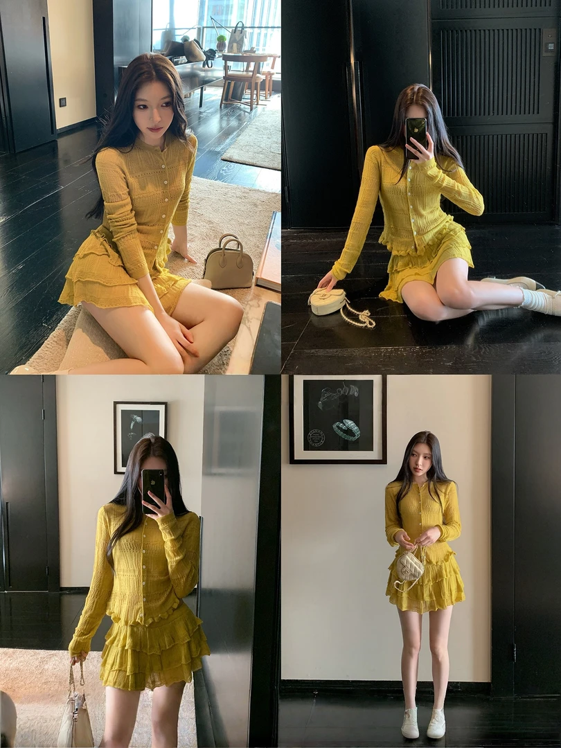 向晚·温柔设计感修身针织上衣套装女秋季新款气质上衣蕾丝短裙