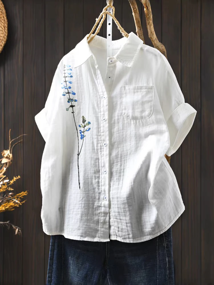 白色双层棉纱印花短袖衬衫女夏外穿2025新休闲宽松慵懒风纯棉衬衣