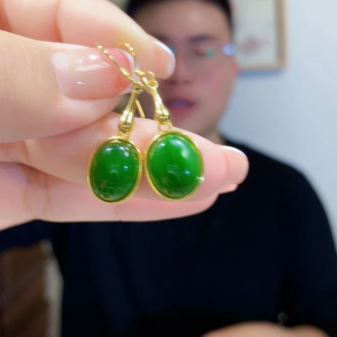 和田玉（碧玉）耳饰银S925镀金镶嵌
