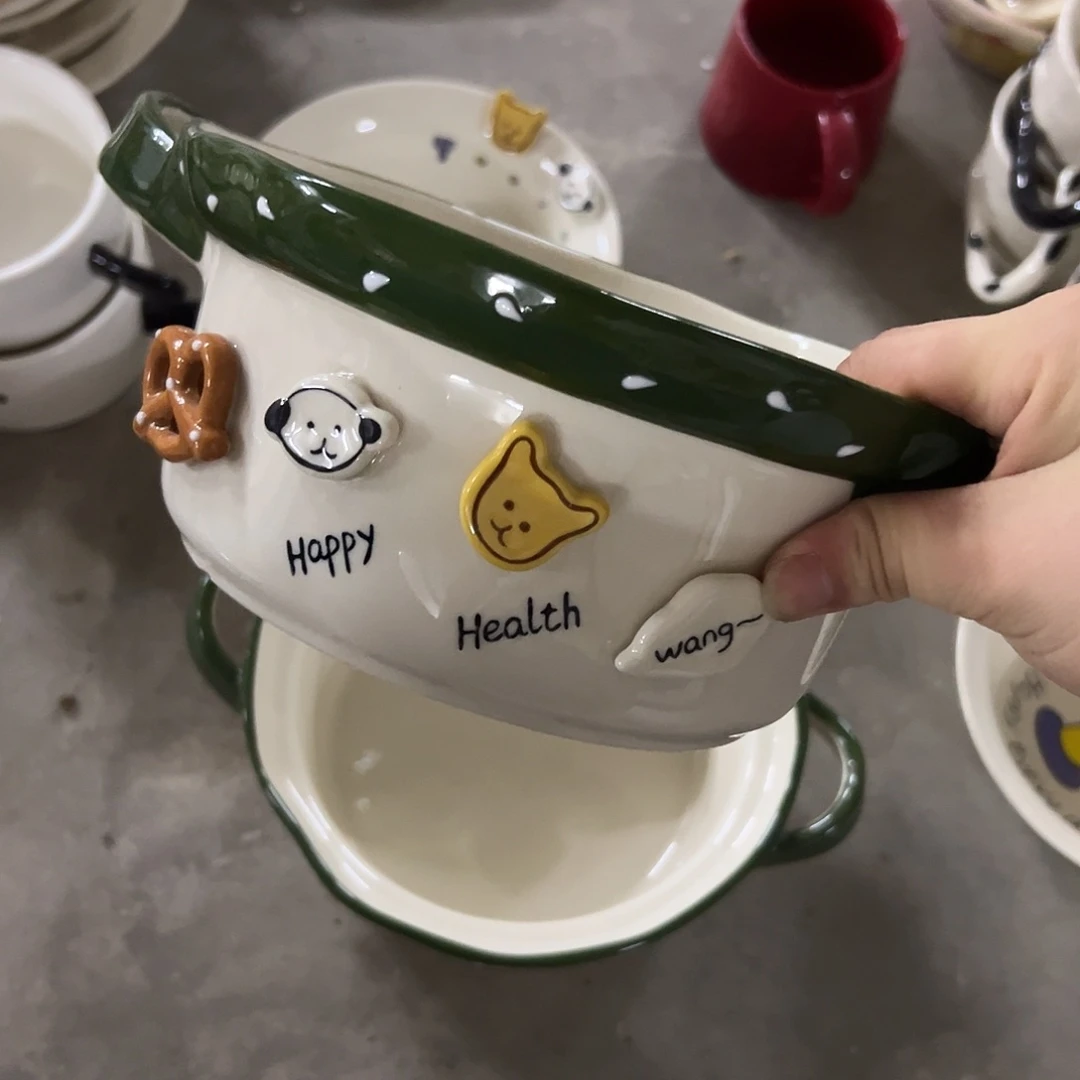 瓷瑕疵绿色双耳汤碗一个