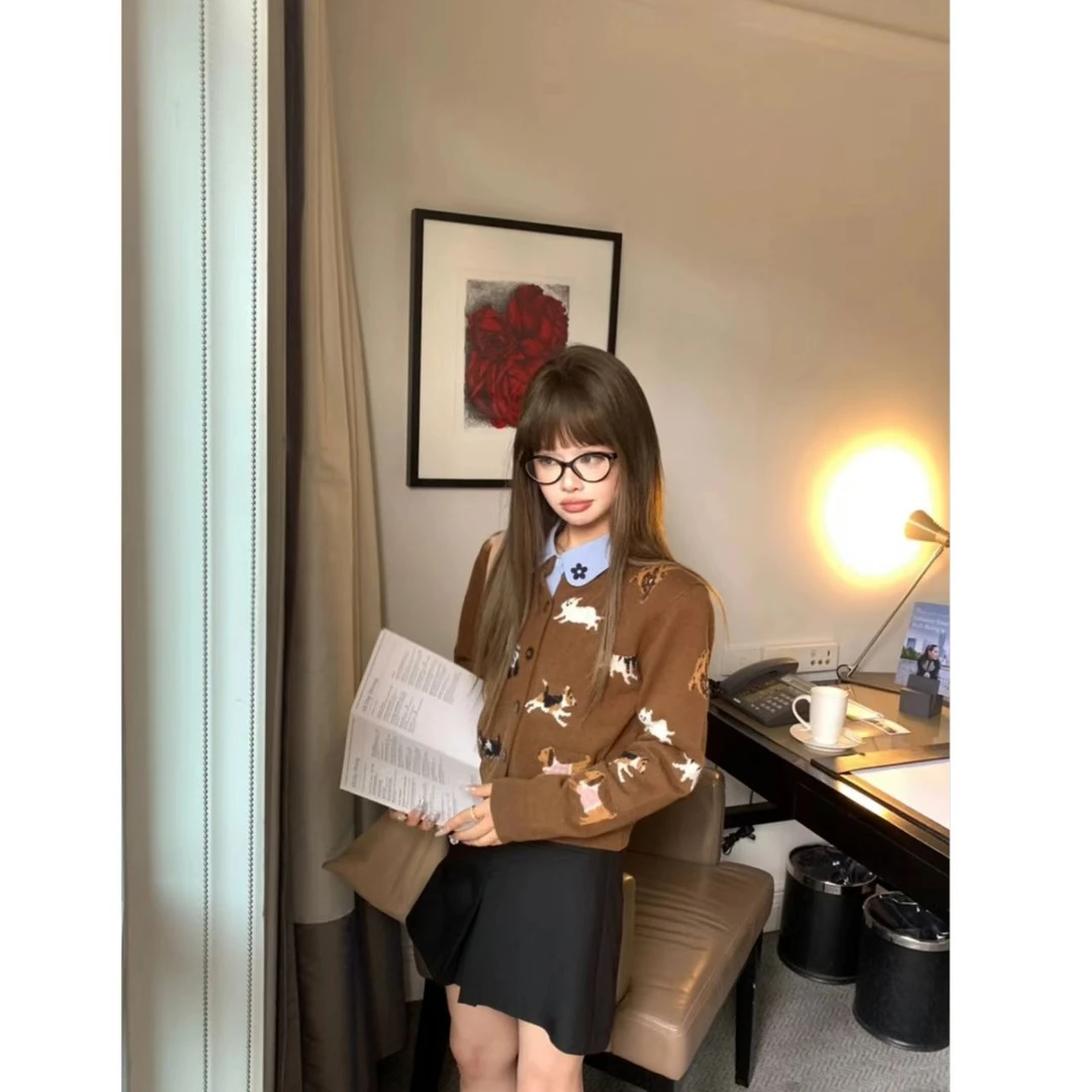 曼曼【狗狗环游】复古小圆领童趣钩花针织毛衣女