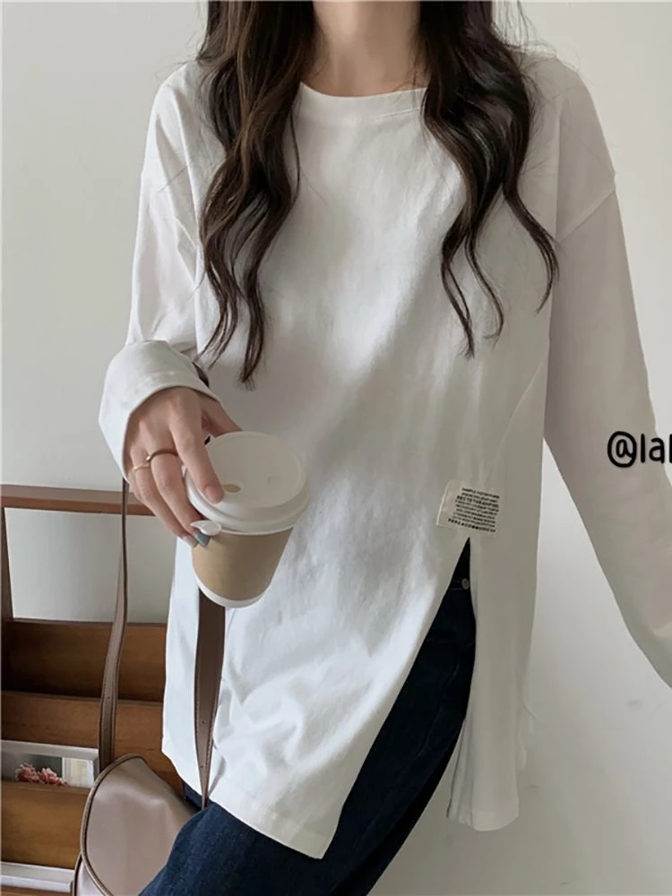 100%纯棉开叉长袖t恤女2025春季新款学生韩版宽松打底衫上衣ins潮