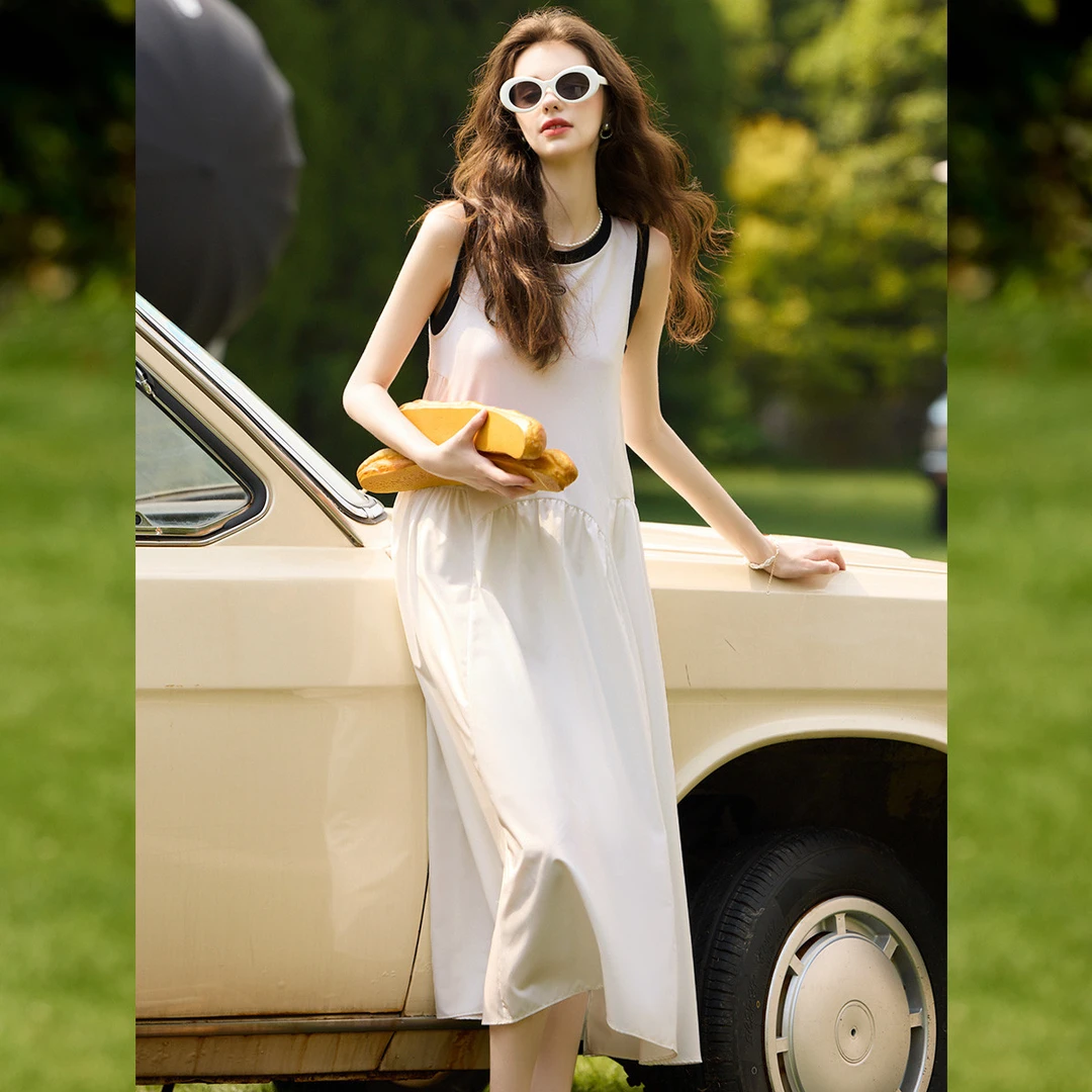 白鹿语【无袖背心裙】夏新款内搭外穿撞色拼接女式连衣裙WYU20127