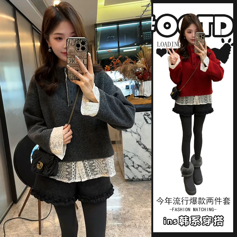 甜酷风独特洋气两件套2025秋冬设计感蕾丝拼接针织衫高腰木耳短裤