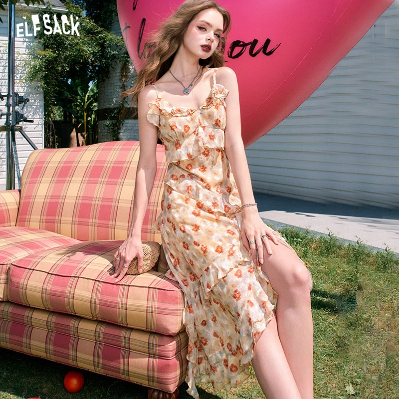 0056【毛毛专属】妖精的口袋莫奈花园风荷叶边开叉碎花吊带连衣裙