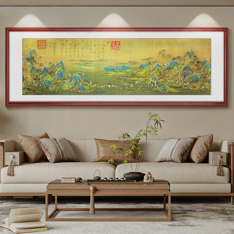 画事未了浮雕描金千里江山国画山水画办公室挂画新中式喷绘装饰画