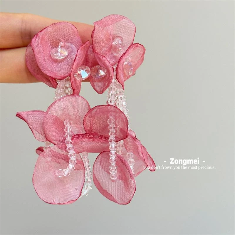 浪漫花瓣串珠耳钉长款耳环韩版气质精致耳饰氛围感显脸小