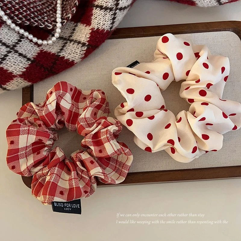 红色波点格纹大肠发圈女复古安可拉红肥肠发绳气质扎丸子头花头绳