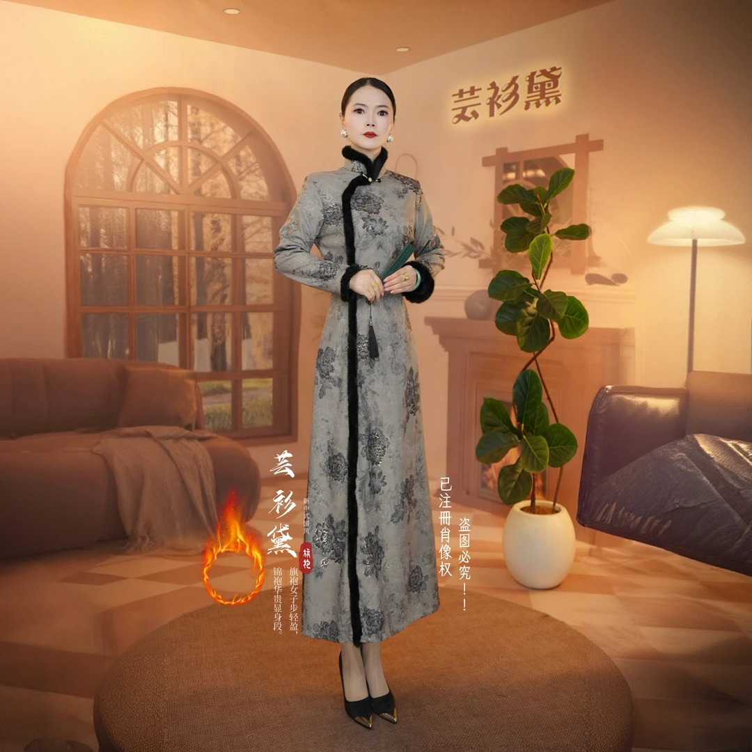 【黑灰色，加绒】新款加厚绒冬款中式高端妈妈装国风旗袍裙
