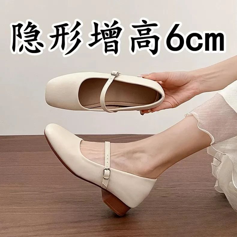 小个子内增高法式玛丽珍鞋女夏季2025年新款复古方头白色浅口单鞋
