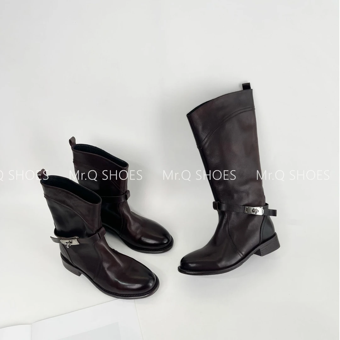 34-40码/跟高2.5cm/黑棕/秋冬金属扣圆头百搭低跟设计感时装靴