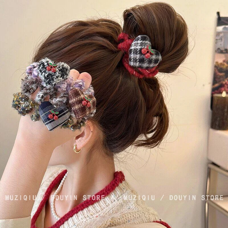 木子秋格子爱心毛绒电话线发圈头绳高级感气质时尚高弹力皮筋发绳