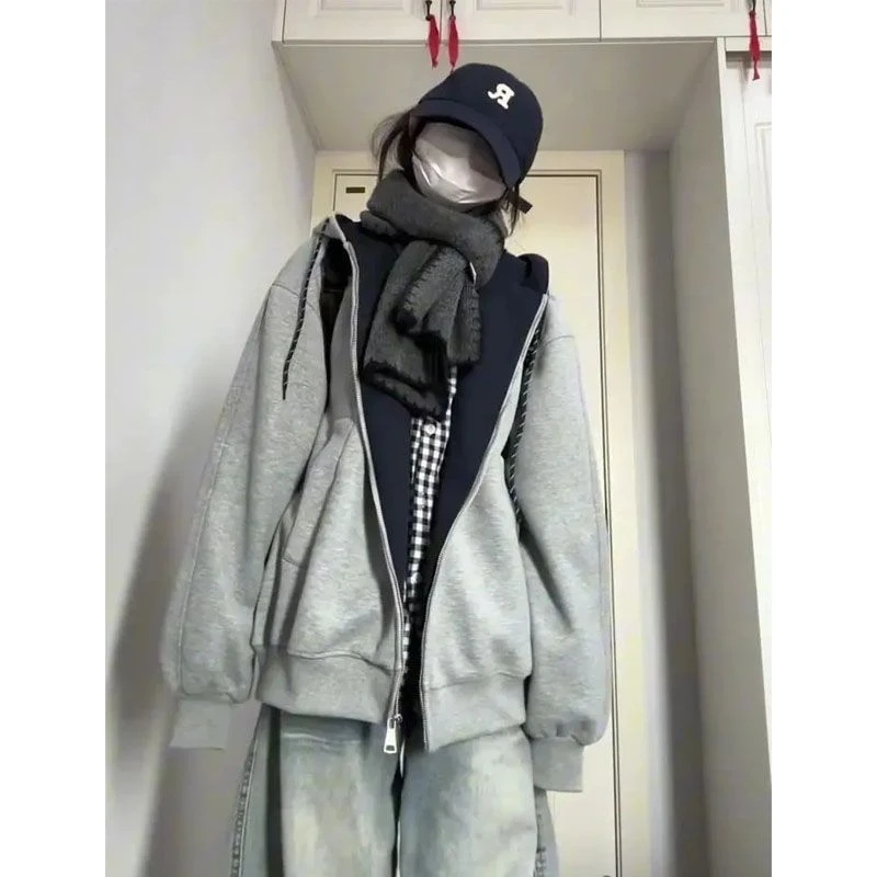纯棉韩系灰色连帽卫衣外套女装秋季宽松慵懒风拉链开衫超好看上衣