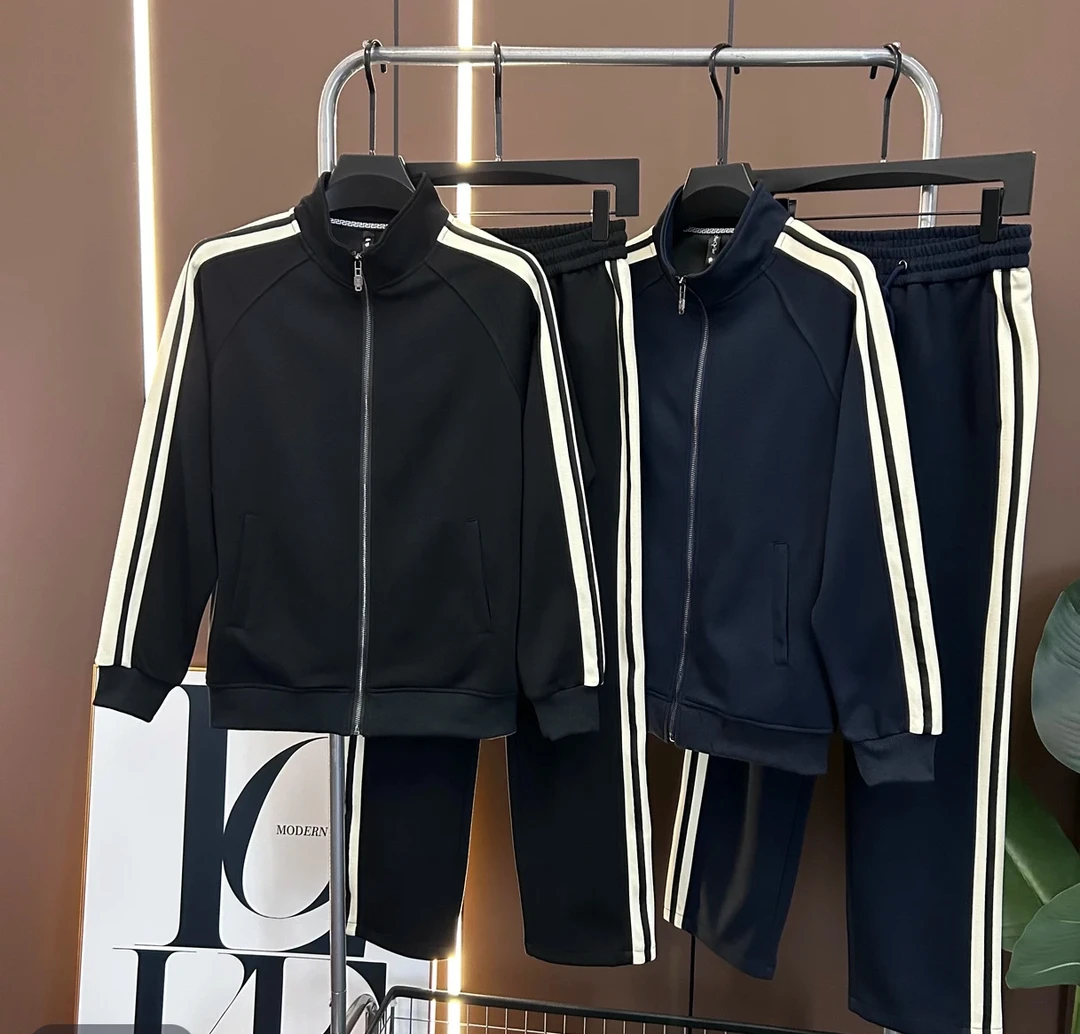 男士春秋加厚时尚休闲百搭潮流气质韩版长袖撞色条纹情侣拼色套装