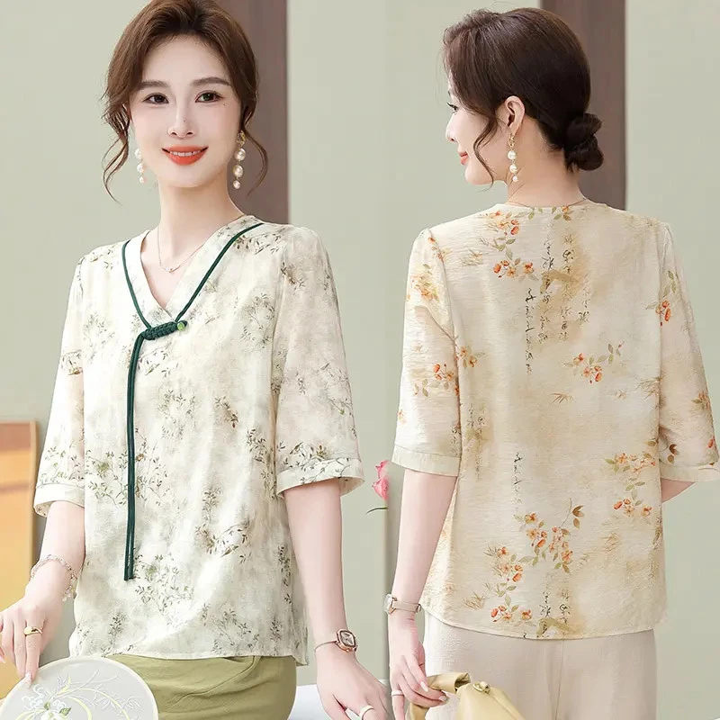 C57洋气装妈妈装夏装新款国风新中式T恤中老年女阔太太上衣服
