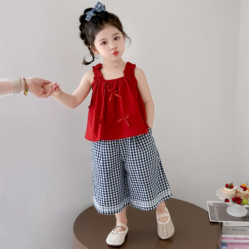 女童无袖套装洋气儿童夏季新款女宝宝格子阔腿裤两件套小女孩时髦