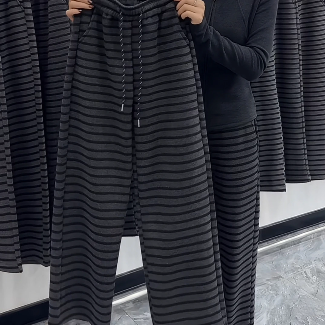 冬季加绒条纹高腰抽绳阔腿弯裤女显瘦休闲百搭保暖直筒裤