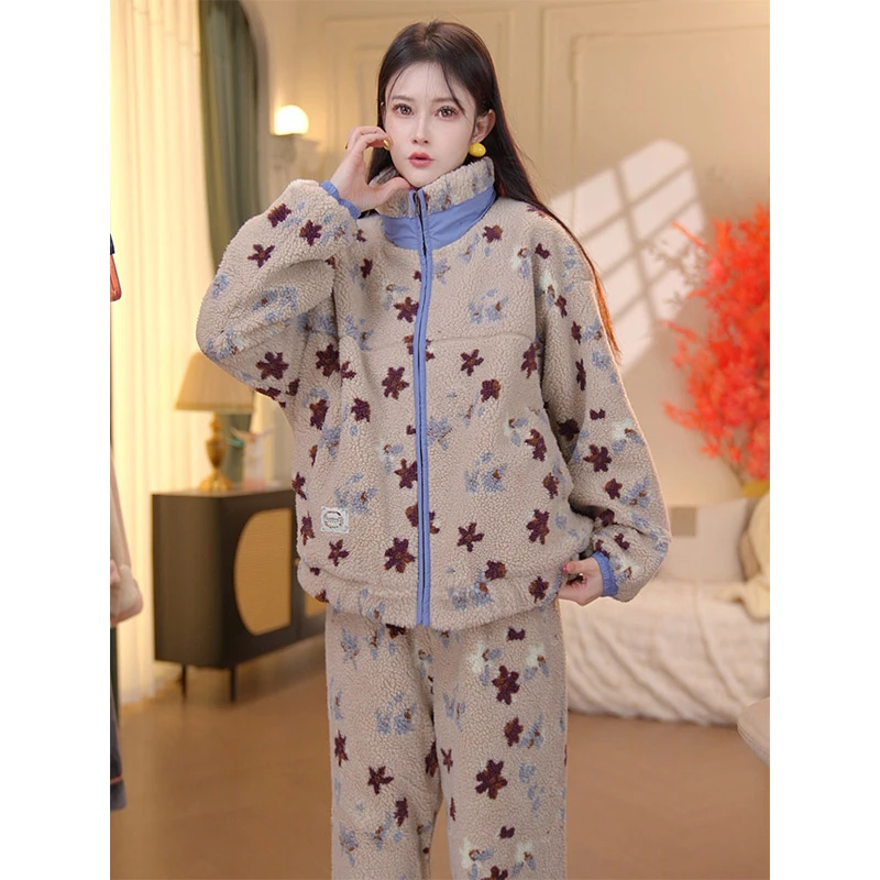 睡衣女2025新款秋冬加厚羊羔绒冬季立领珊瑚绒家居服套装可外穿