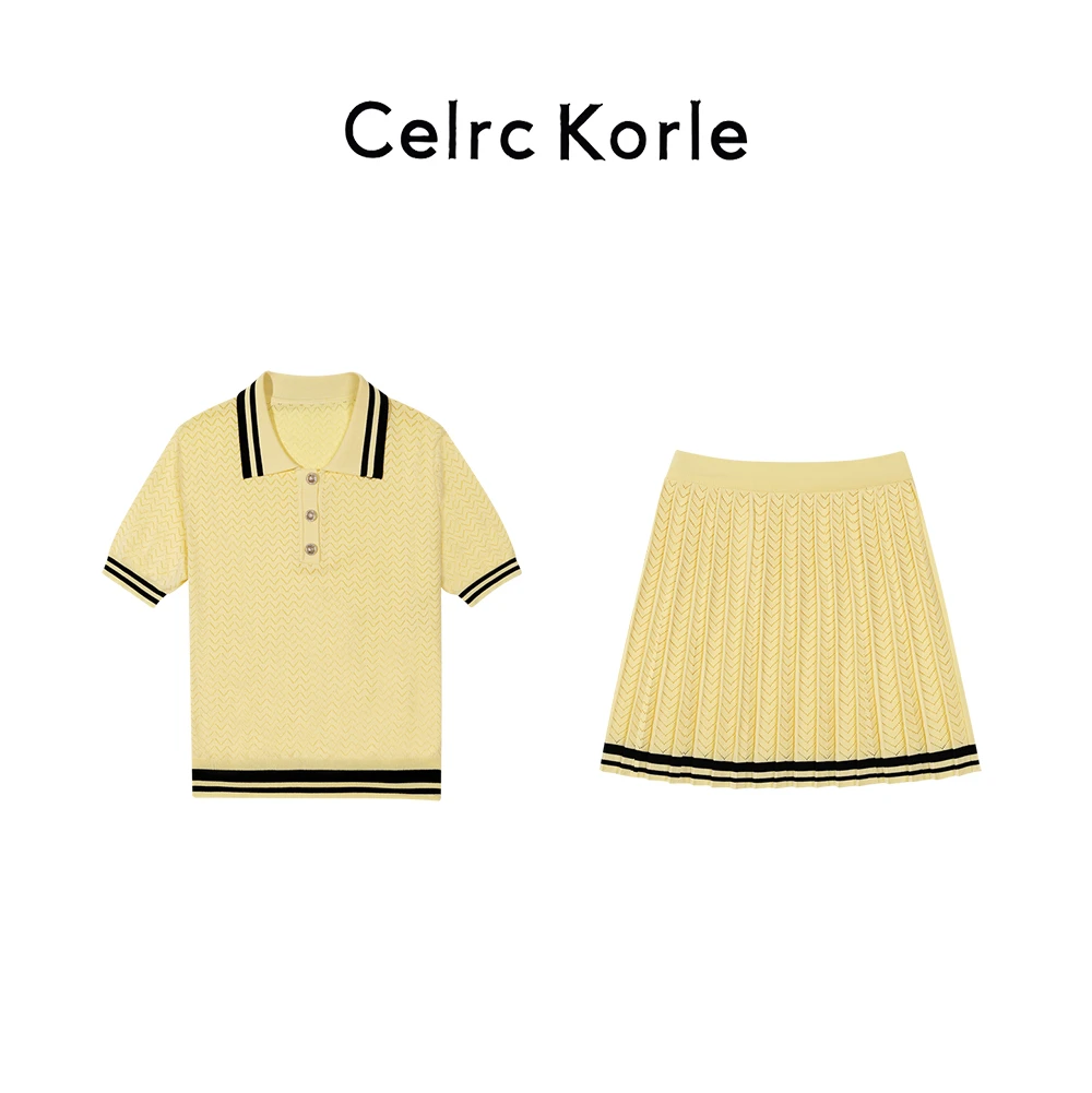 【223】2025春镂空V字纹polo领短袖针织+细褶半身裙两件套女