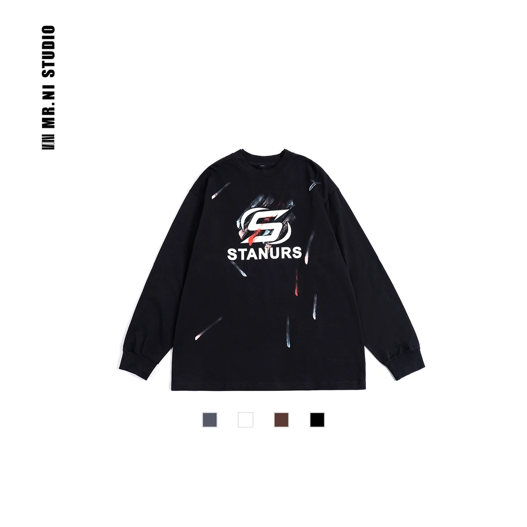 MR.NI/倪先生2025早春美式运动街头时尚圆领宽松纯棉长袖卫衣T恤