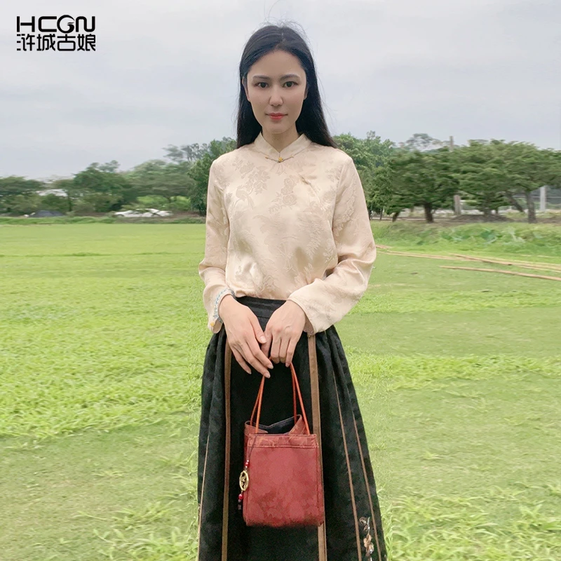 夏季新中式国风桑蚕丝精致宽松气质舒适女立领长袖上衣WS050128