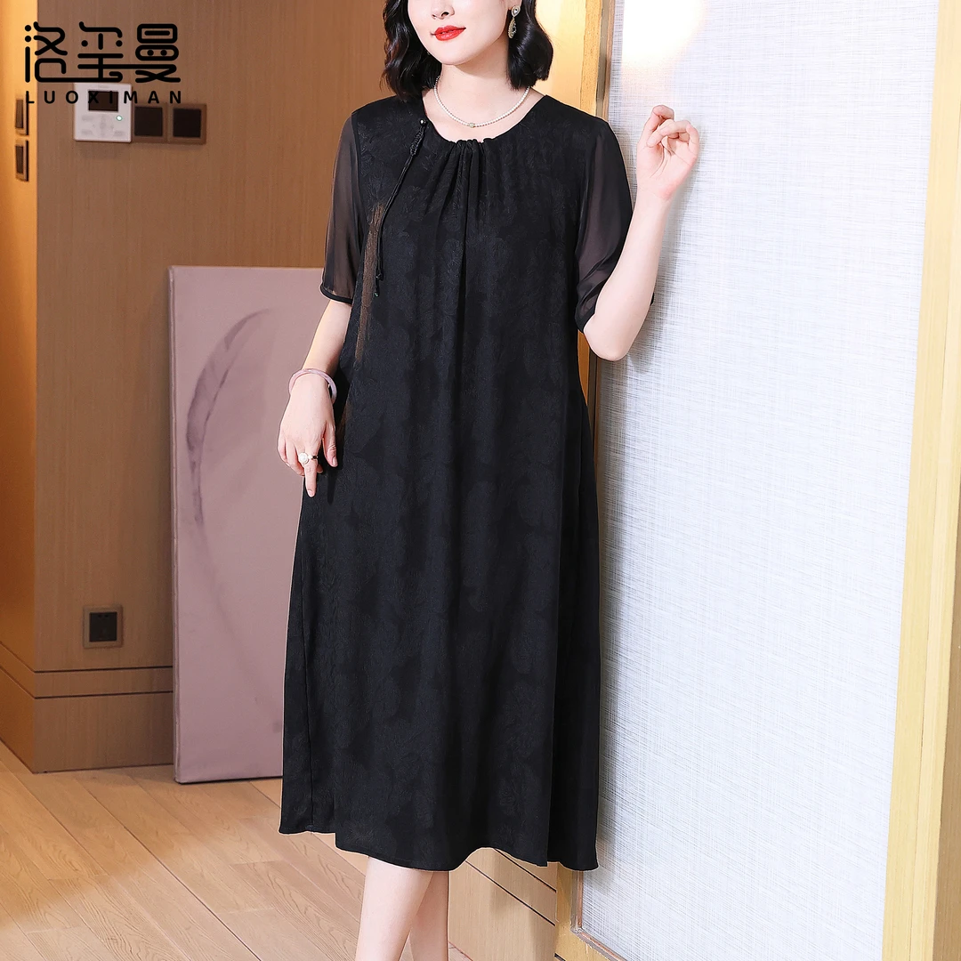 洛玺曼真丝桑蚕丝连衣裙高端气质妈妈装女士时尚香云纱裙子夏季