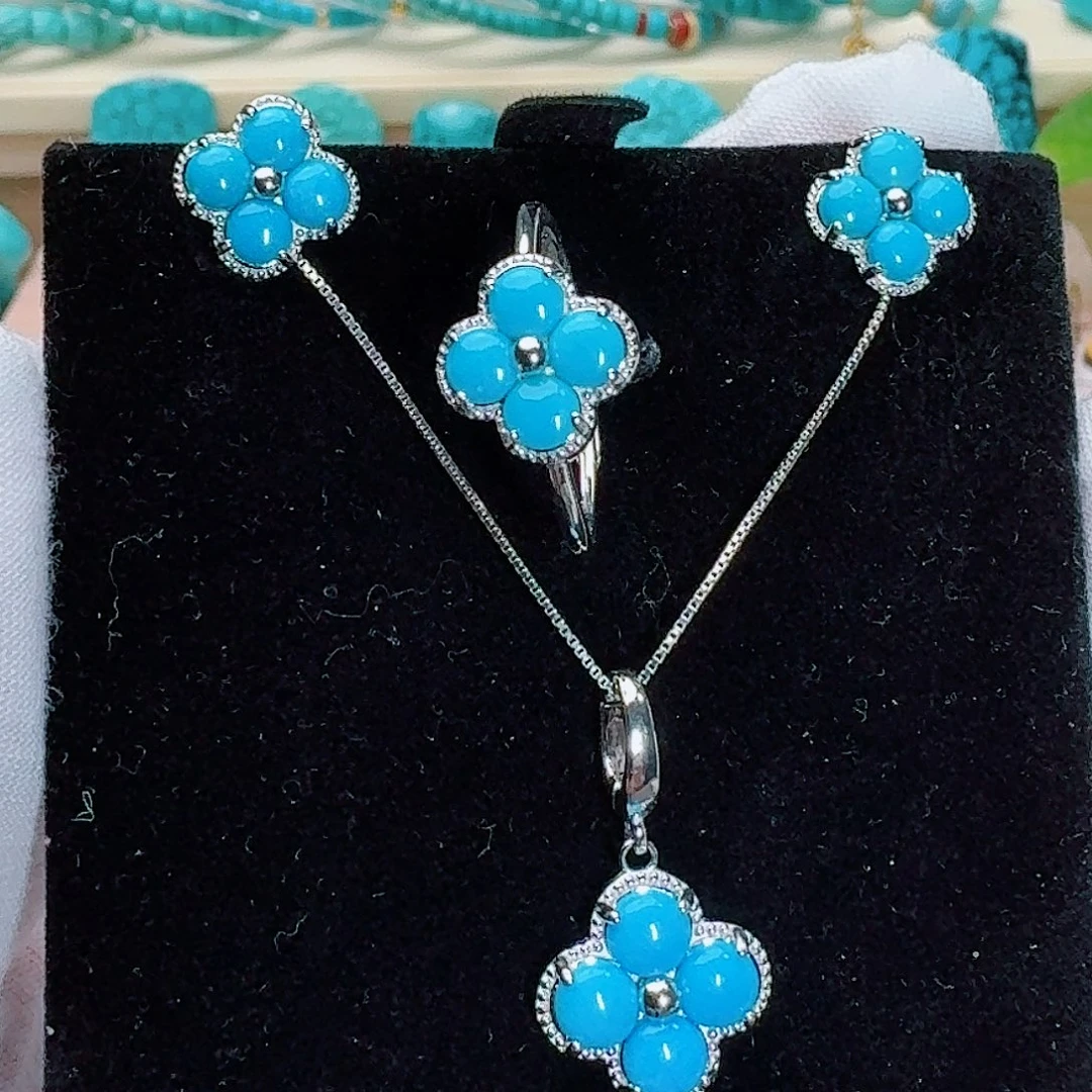 绿松石银S925镶嵌珠宝奇石暴暴蓝四叶草套装