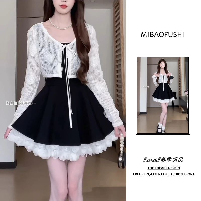 秋季一整套2025新款韩系时尚穿搭短款罩衫蕾丝连衣裙两件套