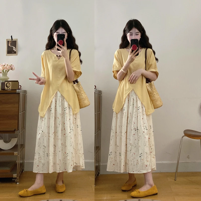 大码夏季新款慵懒流行宽松小众设计感衬衫碎花半身裙洋气减龄穿搭