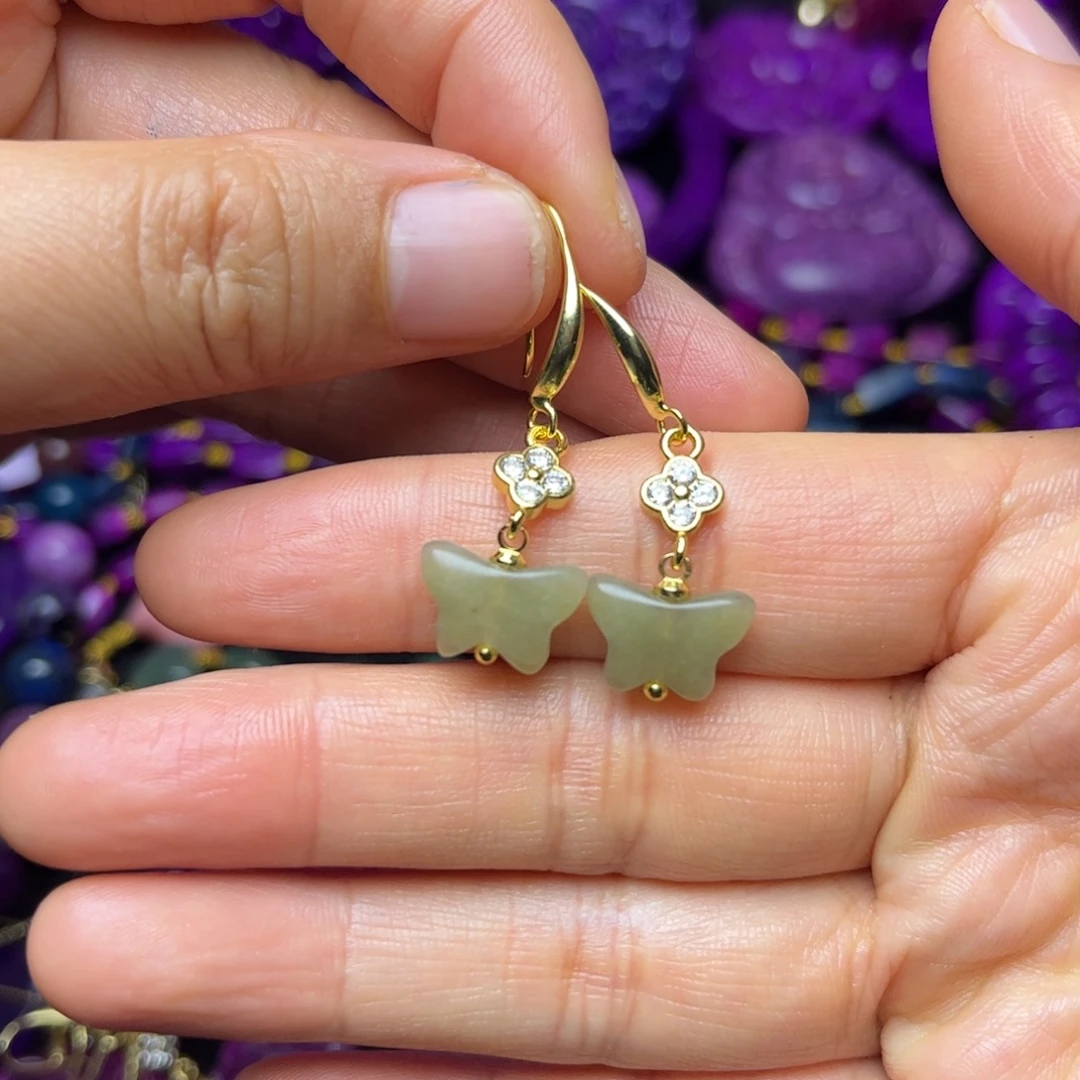 紫泥凝胶玉华果冻绿蝴蝶元宝耳坠